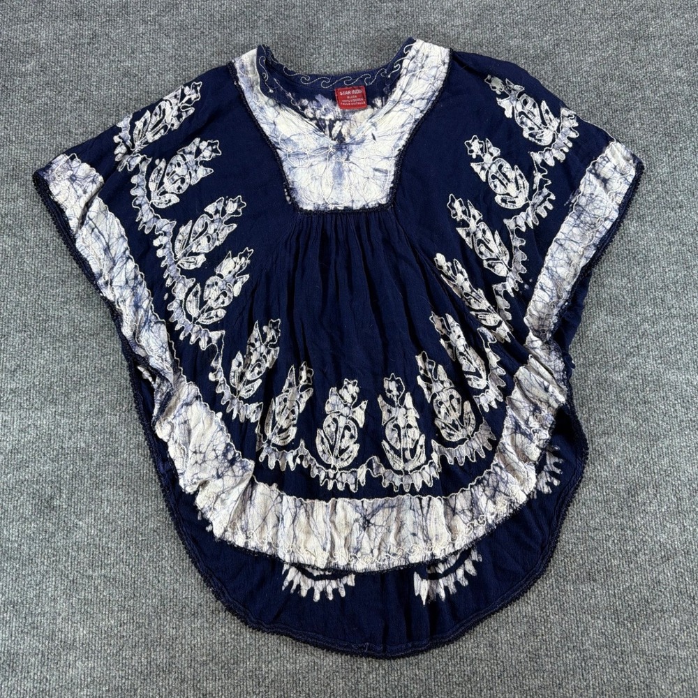 Star India Navy Blue‎ Batik Embroidered Kaftan Blouse One Size Viscose Boho Top